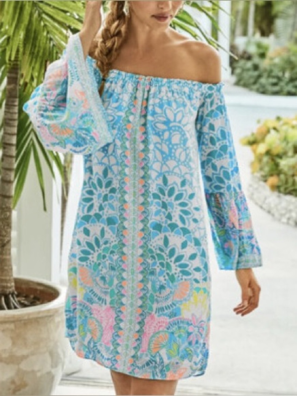 Lilly Pulitzer Nevie Dress M Caribbean Citrus Blue Off Shoulder Bell Sleeve